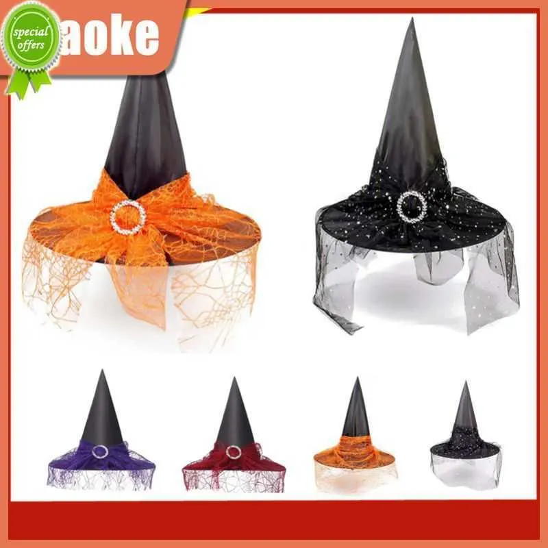 New Fashion Lace Witch Wizard Hat Cosplay Party Halloween Hat Polyester Taffeta Dress Up Adult Children Halloween Witch Hat Mesh