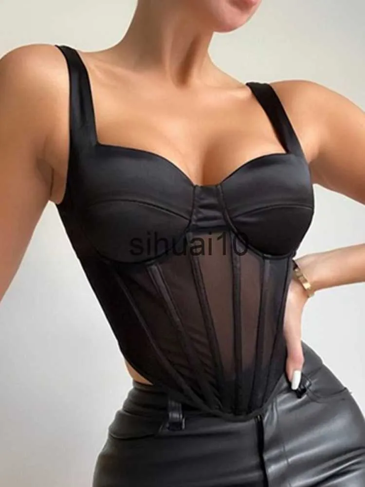 T-Shirt da donna Corsetto a rete Crop Top Donna Estate 2022 Sexy Canotta con spalle scoperte Canotta trasparente da sera da sera Pulovers Camis Abiti bianchi Yuqung J230627