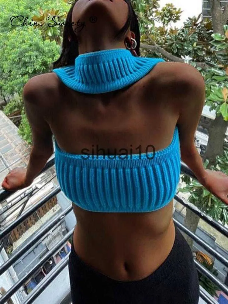 T-shirt pour femmes Tricoté Bandage Halter Tops Femmes Dos Nu Sexy Solid Tanks Top Y2K 2022 Summer Fashion Camisole Party Clubwear Cropped Tees J230627