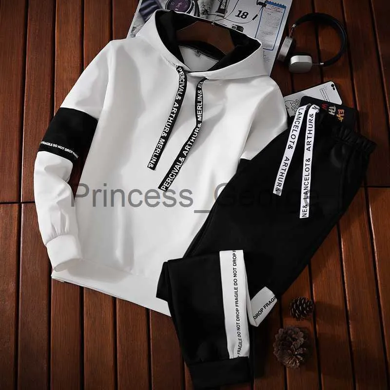 Survêtements pour hommes Hommes Classique Blanc Noir Couleur Assortie Survêtement Sportswear Costumes Homme Printemps Automne Hoodies Survêtement Sports Deux Pièces Ensemble x0627