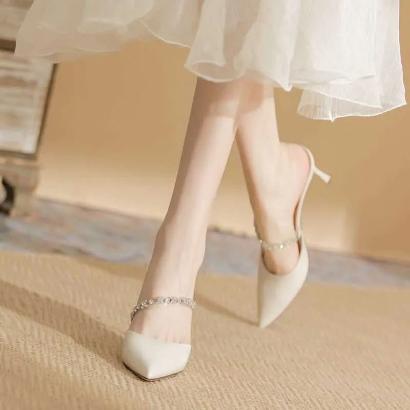 Lady Sandals High Heel Women's Summer New Pointed White Thin Wrapped Half Slippers Fashion Outwear Fairy Gentle 230626