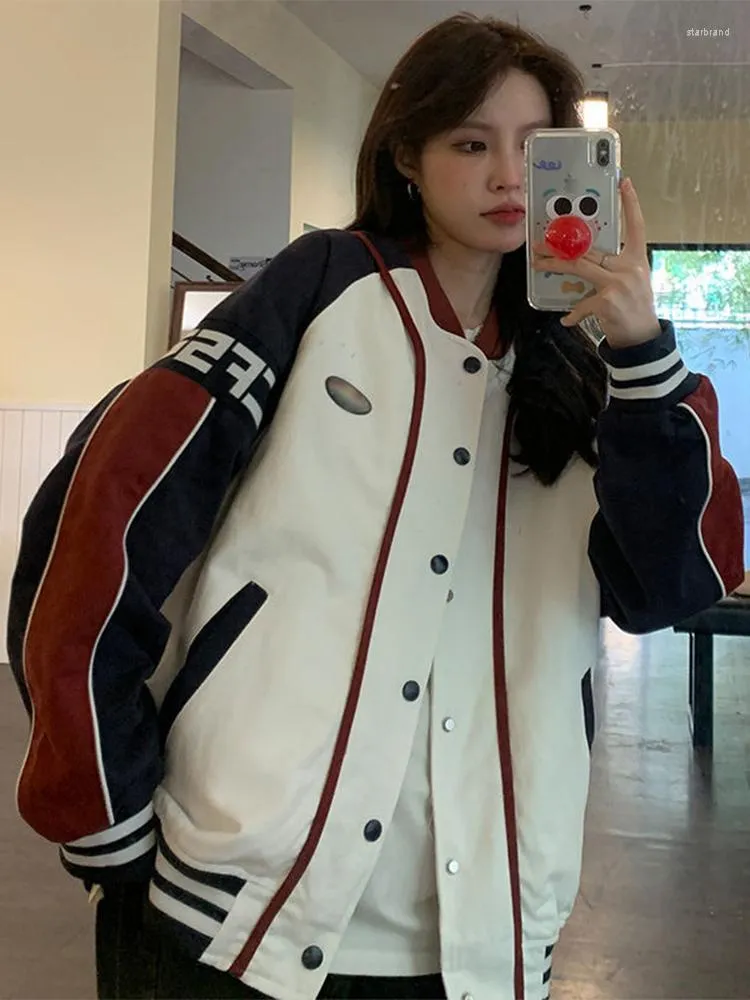 Vestes pour femmes Casual Print Cotton Baseball Uniform Single Breasted Long Sleeve Motorcycle Jacket Spring Vintage Lady Streetwear Colorblock