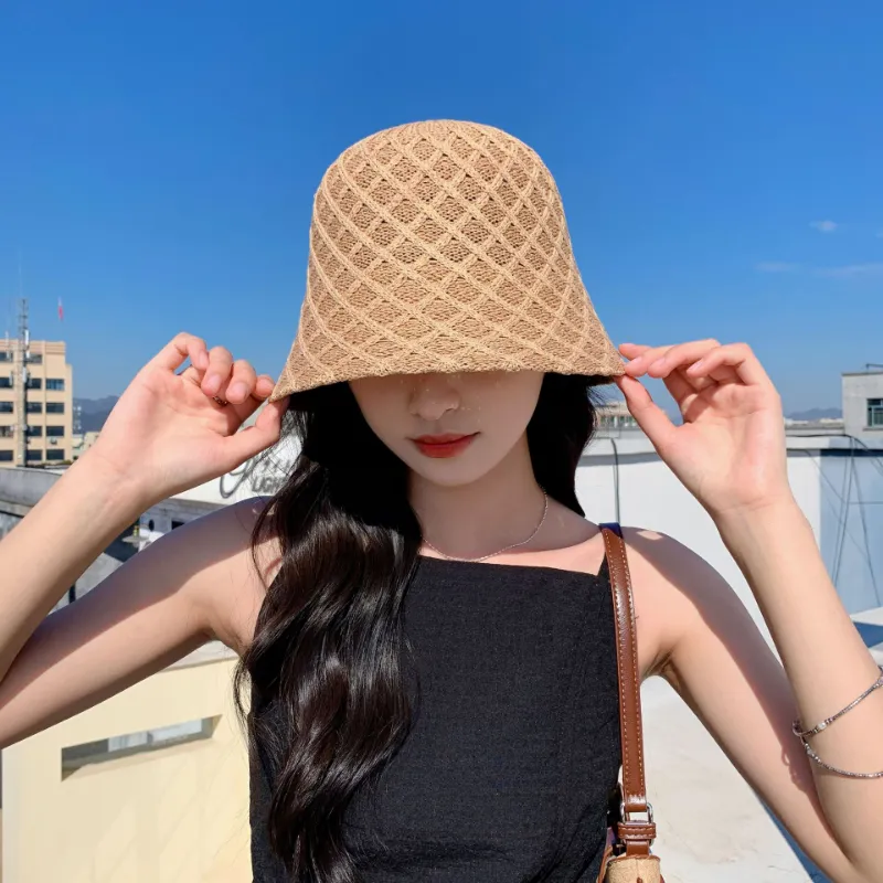 2023 Chapéu de sol feminino ao ar livre verão oco respirável moda literatura e arte cor sólida malha férias dobrável boné balde