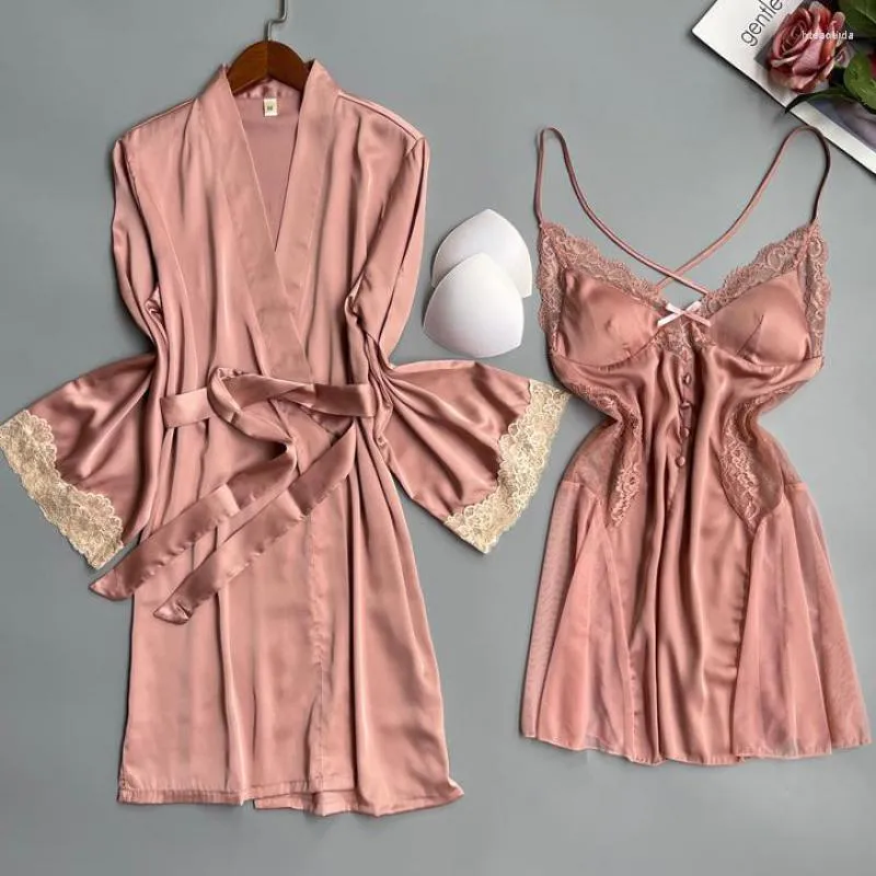 versages vercaces Women's Sleepwear Women's Sexy Lace Bathrobe Gown Suit Women Nighty Robe Set Summer Rayon Female Kimono Nightgown Home Dress