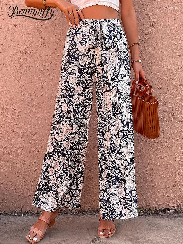 Floral Print Tie Front High Waist Pants Casual Boho Style For