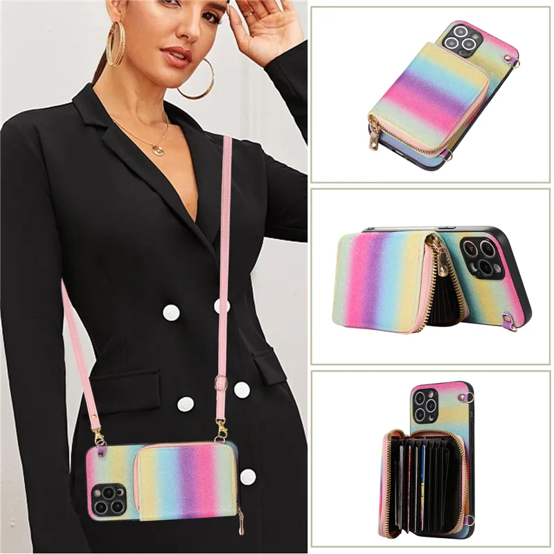 Luxury Crossbody Glitter Zipper Vogue Phone Case för iPhone 14 13 12 11 Pro Max Samsung Galaxy S22 S21 Ultra S23 Plus flera kortplatser Läderplånbok Kedjan Back Cover