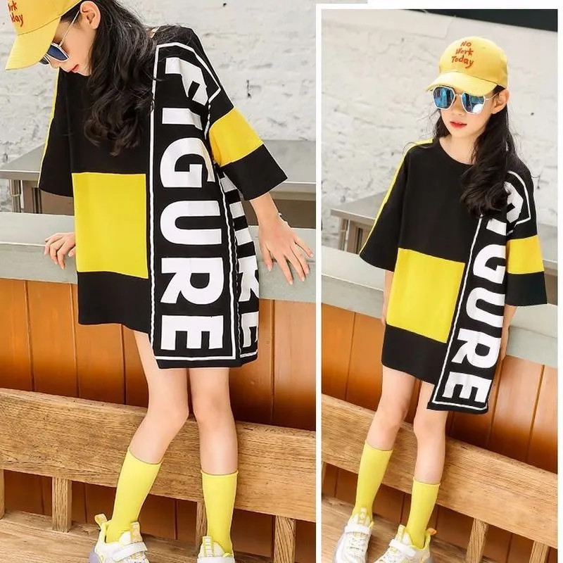 T shirts Mid length Letter Color Matching T Shirt Girls Clothes Streetwear Baby Shirts O Neck Teens Girl Tops Cartoon Casual T shirt 230626