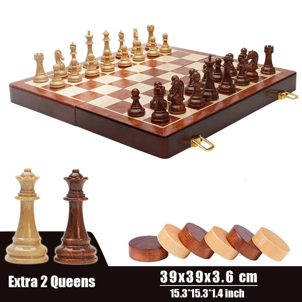 Chess Games High Quality Chess Sets 2 in 1 Checkers Game with Acrylic Pieces 2 Queens Folding Wooden ChessBoard for Travel Table Games 230626