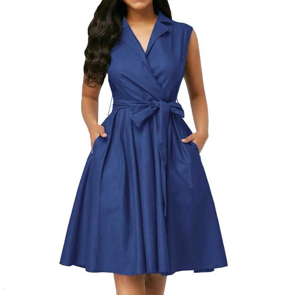 Femmes Robes Sans Manches Entaillé Solide Bleu Marine Avec Arc Ceintures D'été A-ligne Plage Bureau Robe Plus La Taille 5XL Parti Vestidos 210611