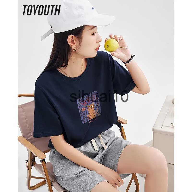 Kvinnors t-shirt Toyouth Women T-shirt 2023 Spring Short Sleeve O Neck Loose Tees Söta katttryck Vit lila Navy Pure Cotton Comfort Tops J230627