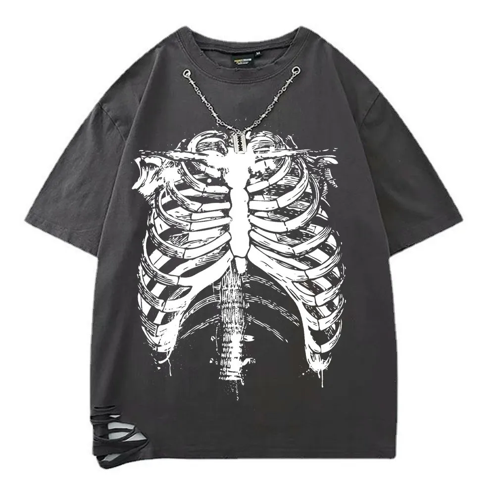 Camisetas Masculinas Summer Gothic Skeleton Print T-Shirts com Chain Hole Men Casual Cotton T Shirts Unisex Respirável Tees Streetwear Y2K Clothes 230627