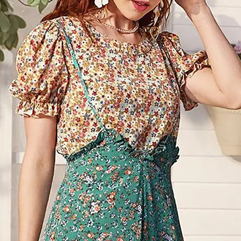 Kvinnors blusar kvinna sommartid fransk stil blommig skjorta mode lös och bekväm check klänning kvinnor dam maj kvinna