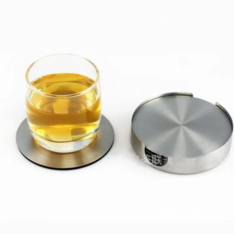 Mats Pads 6pcs Set Stainless Steel Coaster Cup Non slip Pad With Holder Round Square Metal Insulation Tablewear 230627