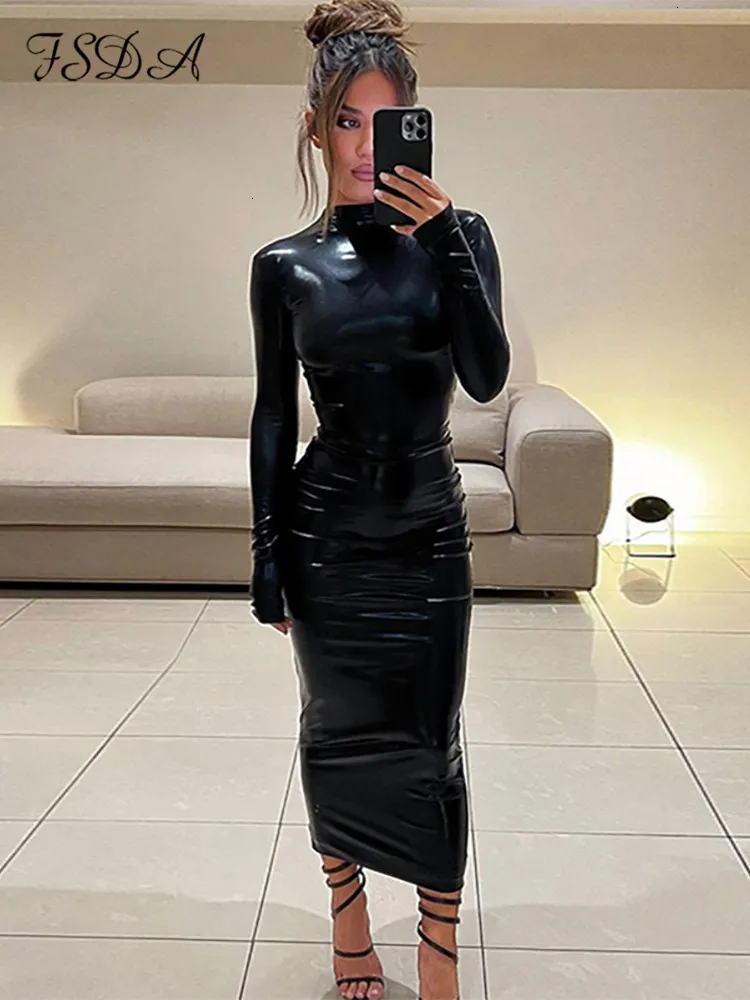 Sukienki swobodne fsda czarna sukienka midi bodycon seksowne kobiety golf długie rękawy pu skórzane klub imprezowy elegancki jesienna zima 23327