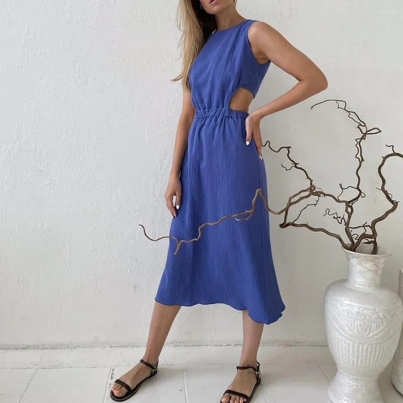 White cotton Midi Dress with High Waist and Hollow Out for Women - Perfect for Summer Casual Wear