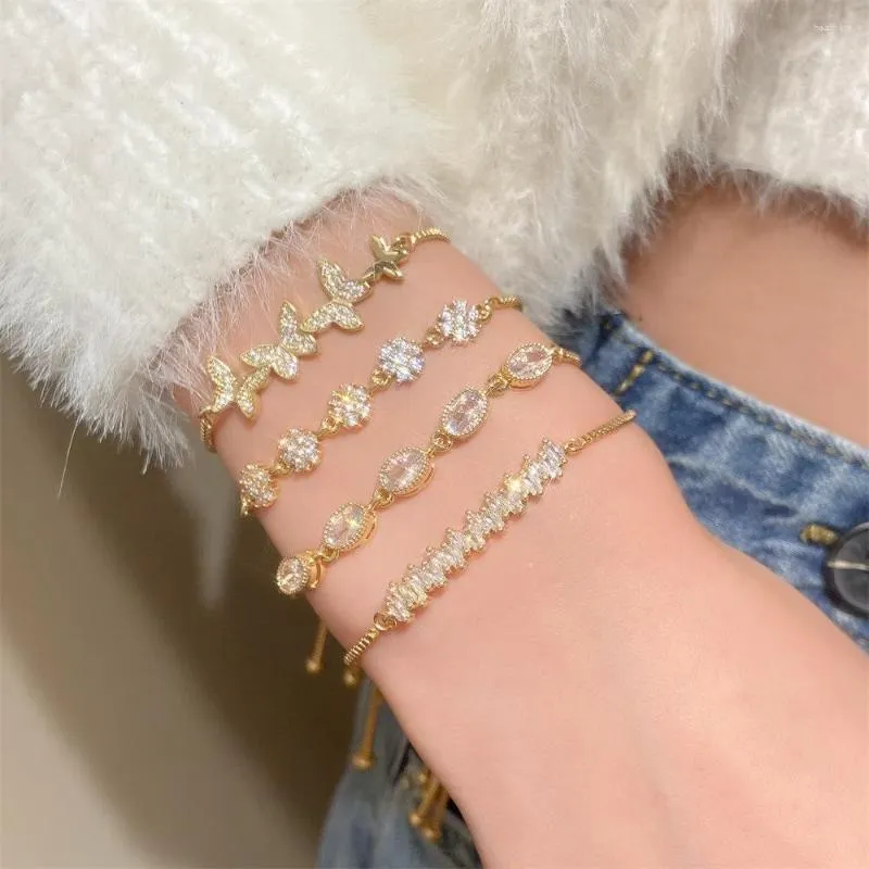 Link Bracelets Candycat Zircon Butterfly Flower Bracelet For Women Shiny Bling Female Korean Pull-out Jewelry Luxury Temperament