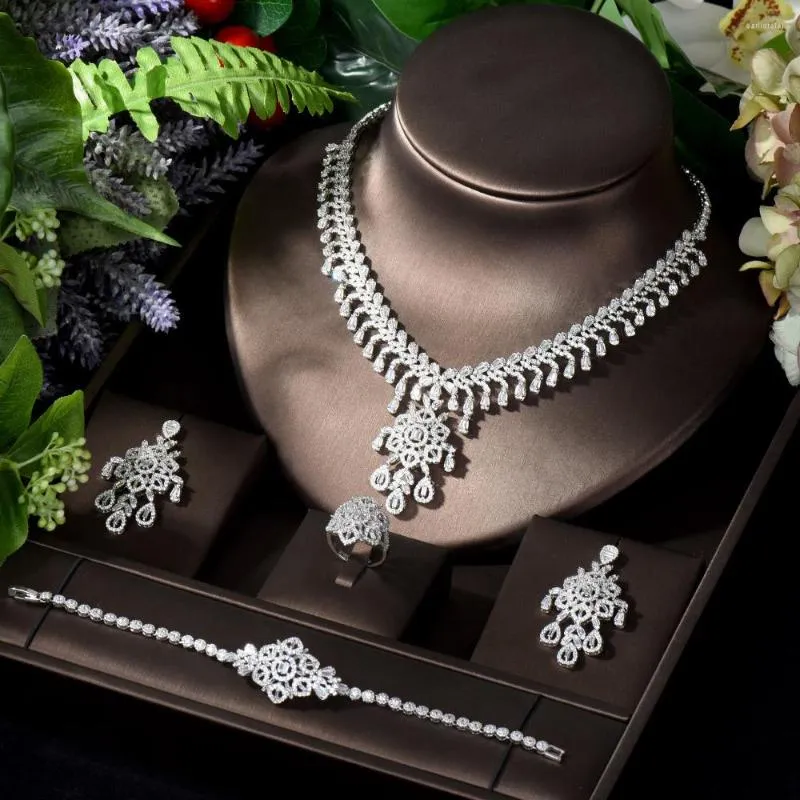 Halskette Ohrringe Set HIBRIDE Elegante Kubische Zirkon Blume Design Hochzeit Frauen Braut Abend Party Bijoux Femme N-993