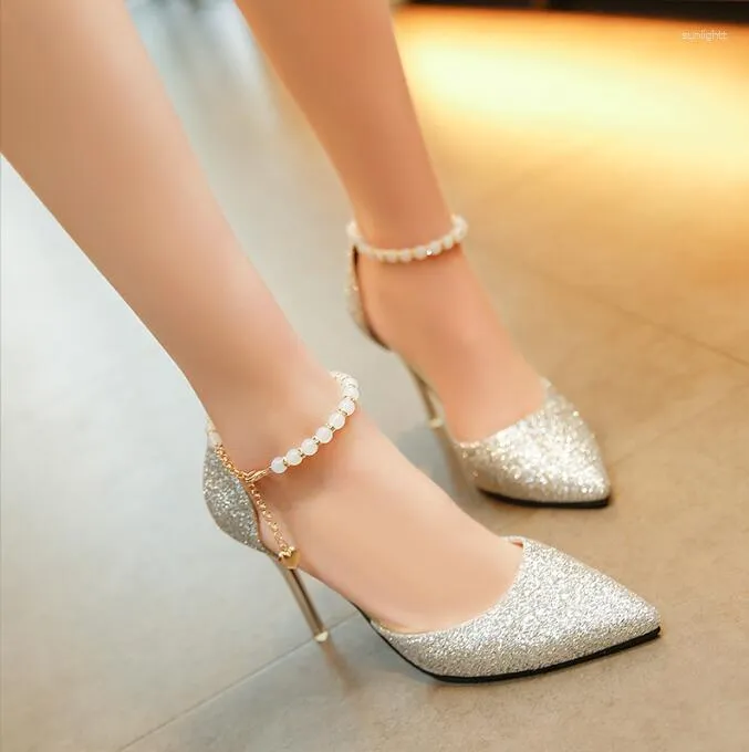 Sukienka butów mody złote srebrne cekiny pompki na wysokim obcasie impreza ślubna kobieta elegancka spiczaste palec u nogi