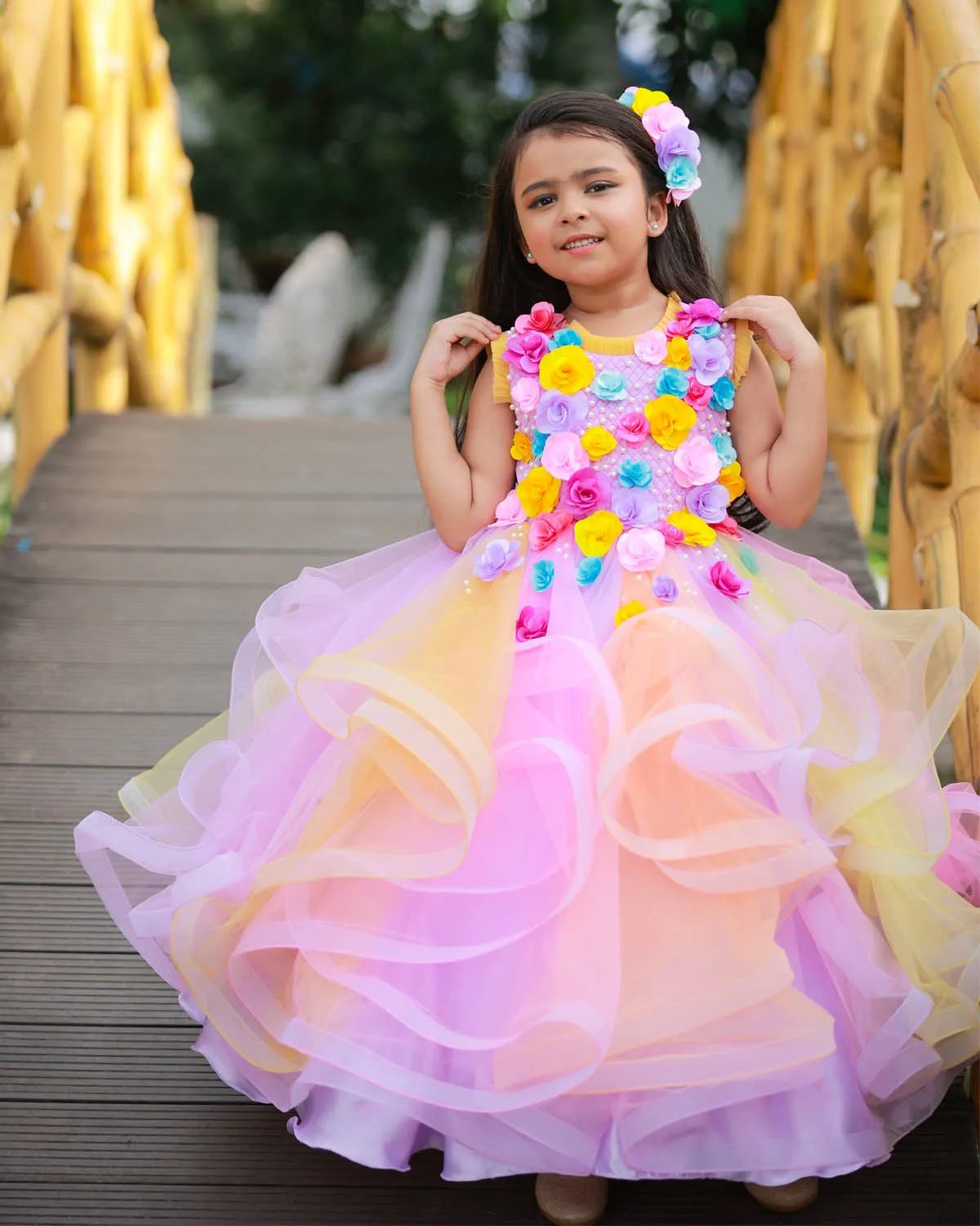 3D Floral Rainbow Flower Girls Dresses For Weddings Ball Gown Pearls Birthday Children Dress Girl Pageant Gowns