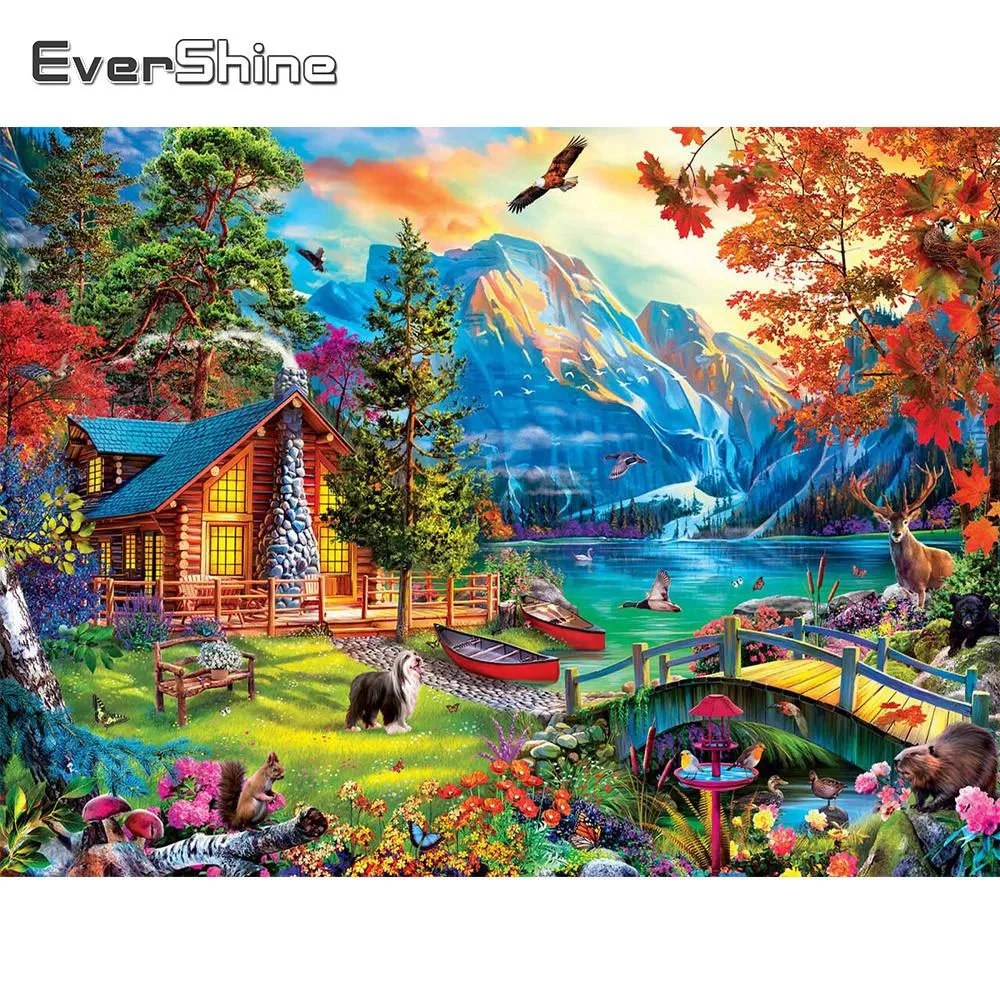 Stitch Evershine Ny ankomst diamantmålning House Lake Mosaic Landscape Diamond Embroidery Mountain Garden Cross Wall Art