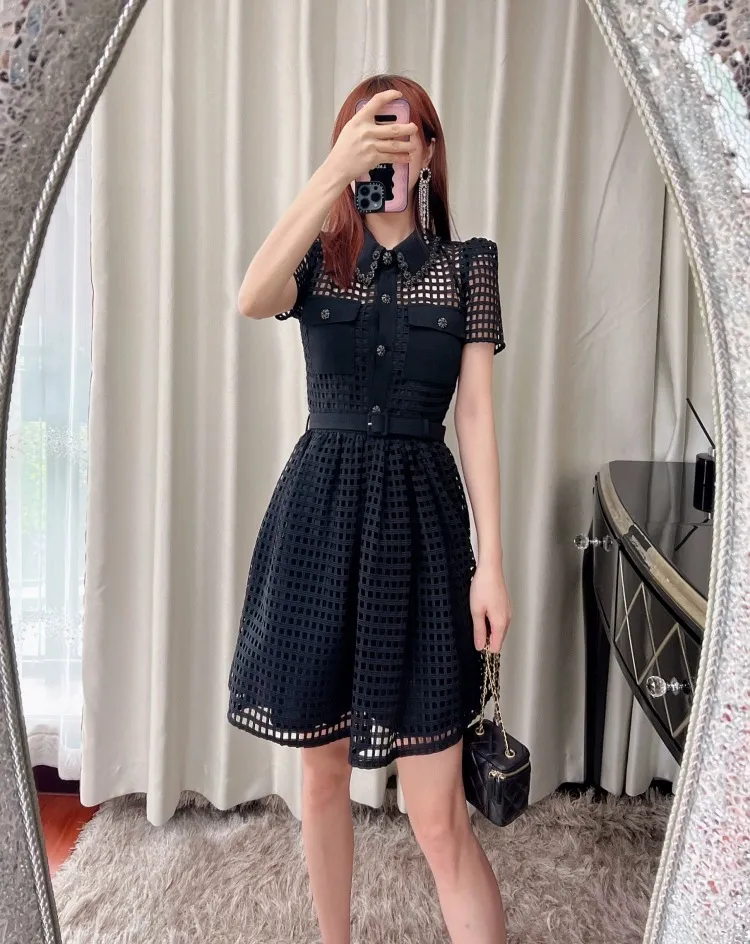 Black Plaid Short Sleeve V-Neck Knee-Length Dress with Empire Waistline  from Dhgate Basic & Casual Dresses - price 120.45