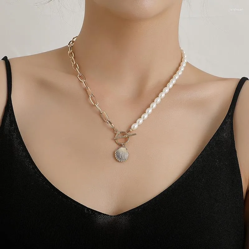 Hänge halsband mode metall kedja ris pärllås kammussla halsband för kvinnors smycken 2023 grossist