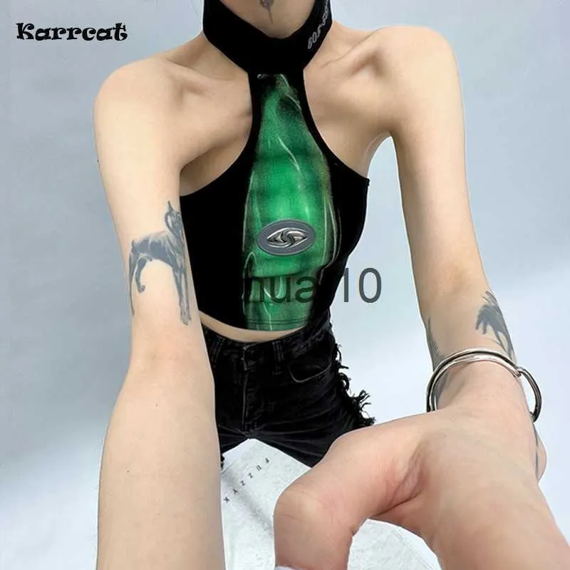 Kvinnors t-shirt karcat cyber y2k halter toppar grunge oregelbunden tank top gotisk svart skörd topp punk stil chic designer kläder e-flick streetwear j230627