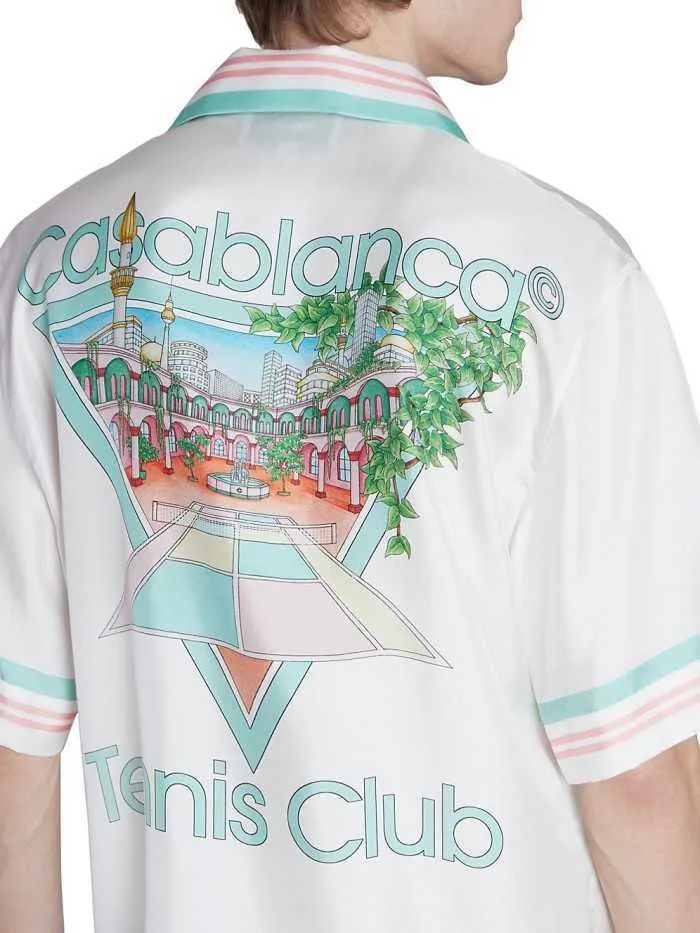 Ny casablanca män designer skjorta mode silke casual tryckt mesh toppskjorta knapp upp hawaii strand kortärmad topps polos casablanc mångsidig trend kostym