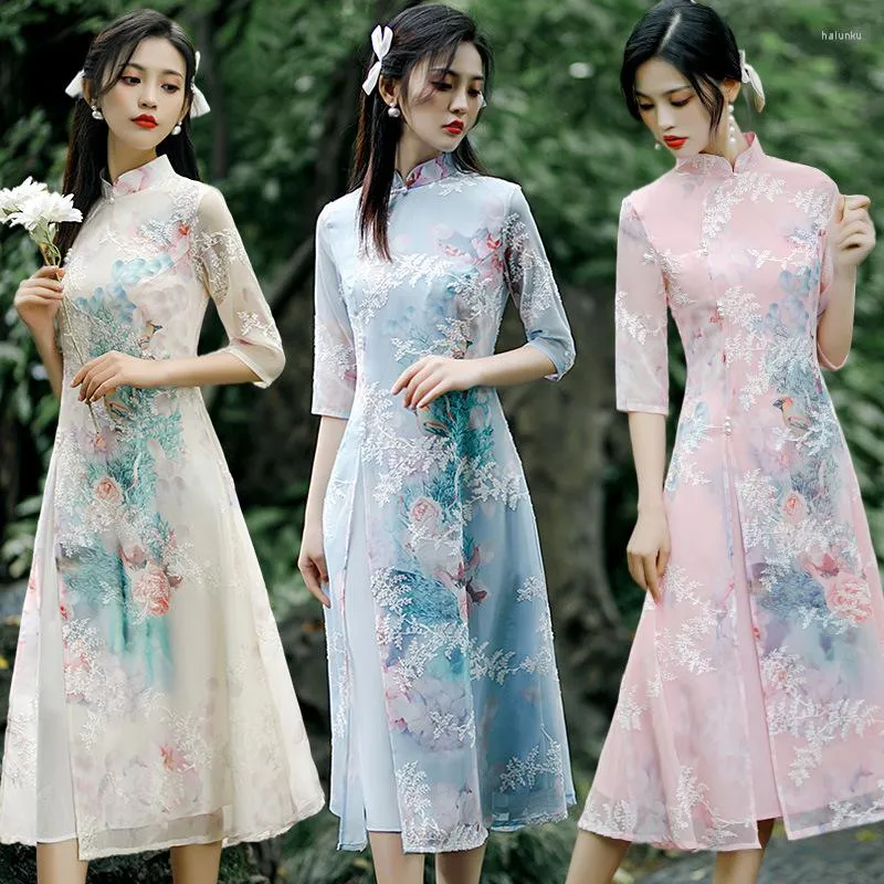 Ubranie etniczne 2023 Niebieskie szyfonowe cheongsam elegancka vintage długa sukienka w stylu chiński kostiumy ślubne plus qipao s do 5xl