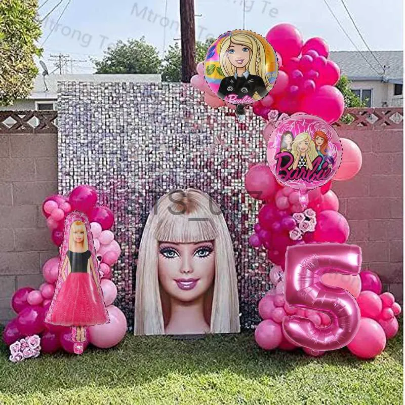 Hängare rack 1set Barbie tema latex ballong rosa nummer ballonger baby shower för flickor barn båge garland kit födelsedagsfest dekorationer leksaker x0710