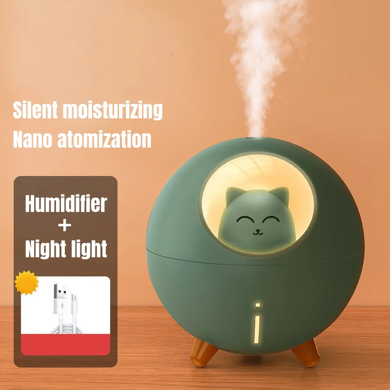 Humidificateurs Cute Planet Cat Humidificateur d'air Diffuseur d'arôme à ultrasons avec lumière LED de couleur romantique USB Mini Humidificador Diffusor Fogger 230627