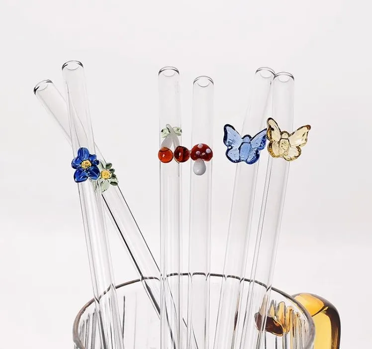 Reusable Borosilicate Butterfly Mushroom Glass Drinking Straws High temperature resistance Clear Colored Bent Straight Milk Cocktail Straw SN4401