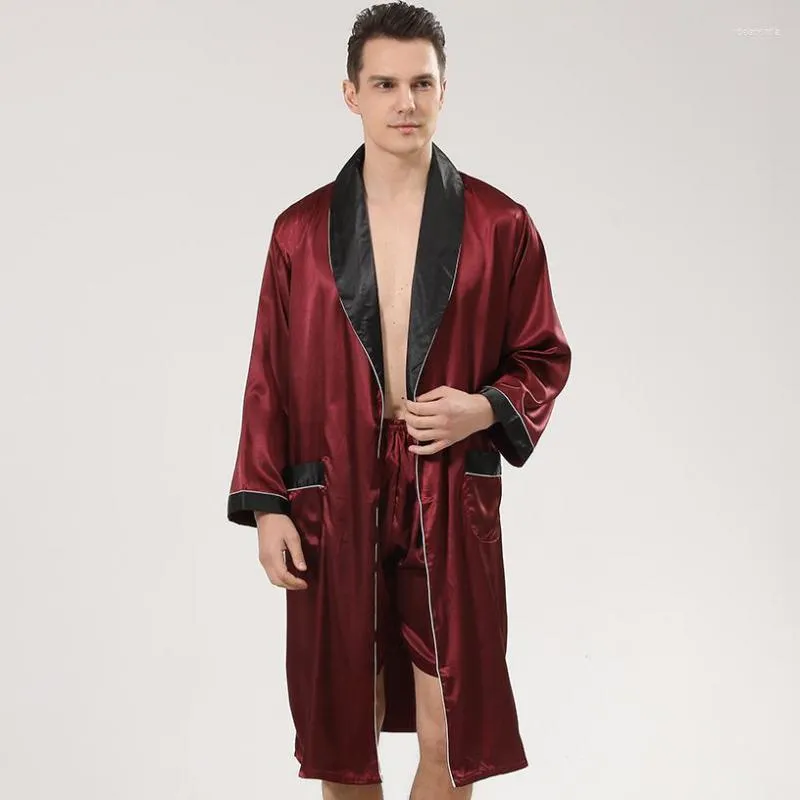 Herren-Nachtwäsche, Herren-Bademantel-Set mit Shorts, Satin, große Größe, Nachtwäsche, zweiteiliger Bademantel-Anzug, Sommer-Revers, dünne lange Ärmel