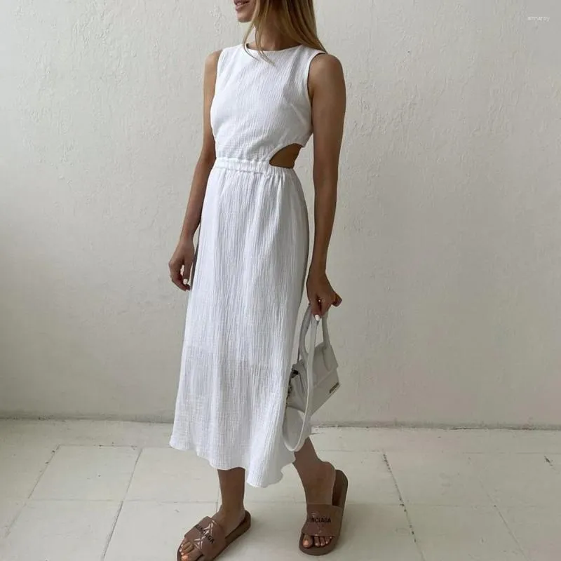 White cotton Midi Dress with High Waist and Hollow Out for Women - Perfect for Summer Casual Wear