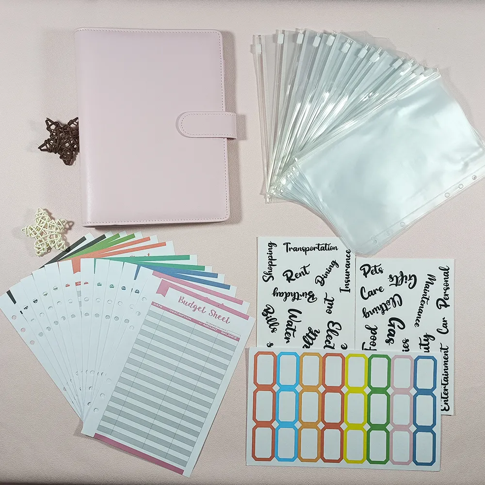 Blocos de Notas A5 67 Couro PU Pasta para Caderno Planejador de Orçamento Organizador 6 Capa para Fichário 8 Bolsos para Fichário e 12 Pçs Folhas de Orçamento de Despesas 230626