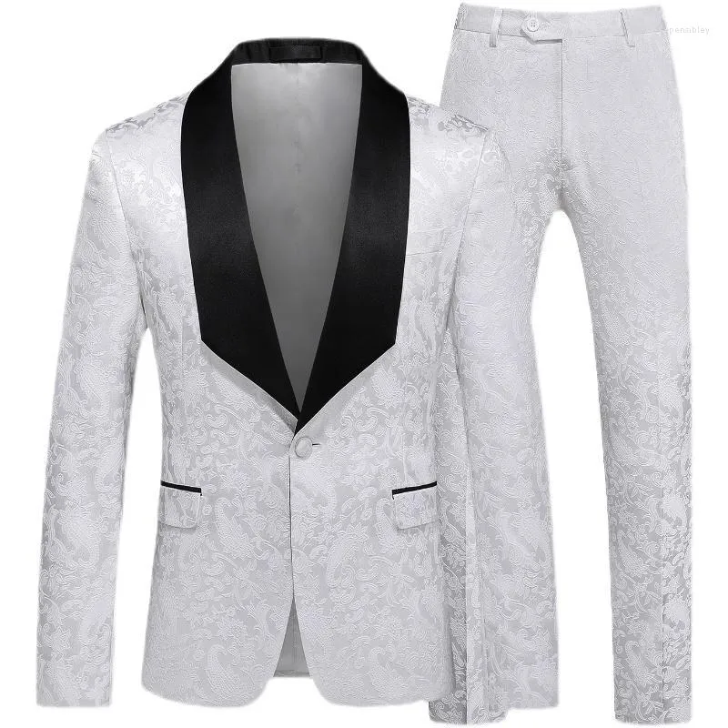 Ternos Masculinos Blazers Masculinos Design de Duas Peças Smoking Masculino Jacquard Gola Contraste Xale Lapela Slim Fit Conjunto Terno Branco Rosa Festa Casamento