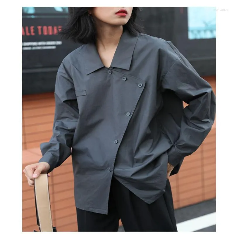 Blouses pour femmes printemps femmes asymétrique grande taille gris foncé Blouse femme revers à manches longues coupe ample chemise dame mode marée automne hauts