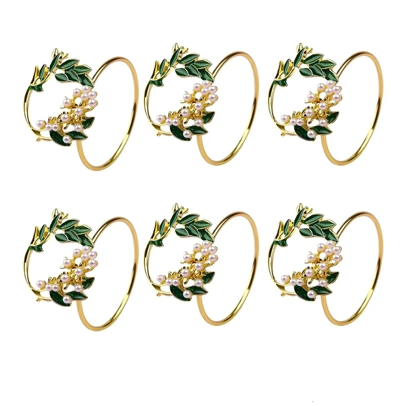 Handdukringar servettring gyllene pärlblomma uppsättning av 6 metallhållare för bröllopsfest middagsbord dekoration 230627