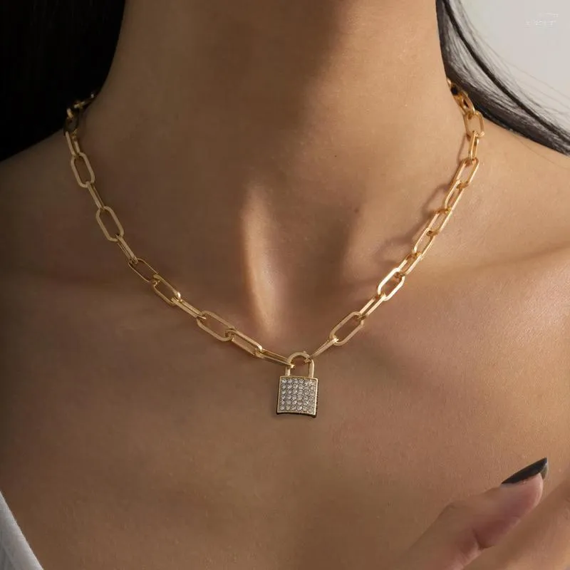 Choker Lock Rhinestone Necklace Paperclip Chain Padlock Punk Jewelry Party Mujer Key Pendant For Women