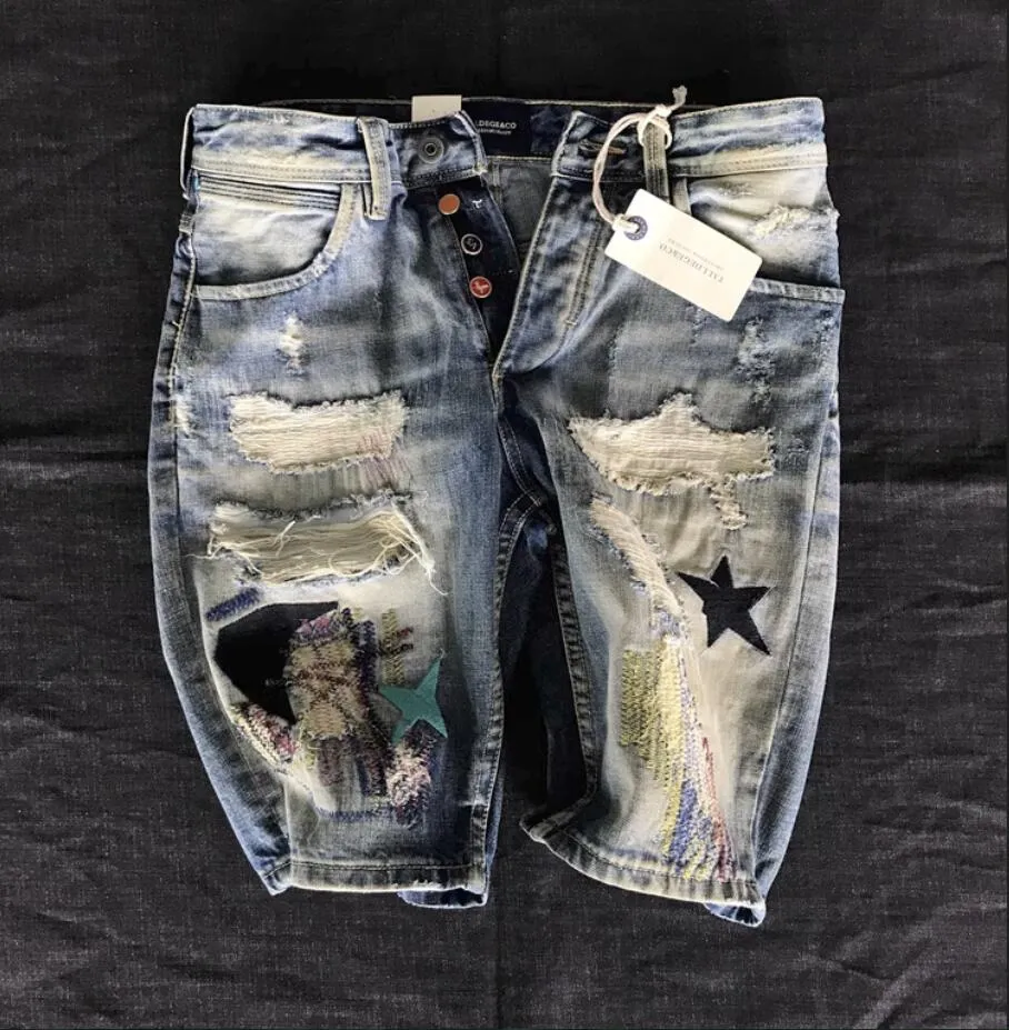 Harde cargo zware shuttle geweven opgestikte borduursels, versleten, verwassen vintage denim shorts, trendy broeken