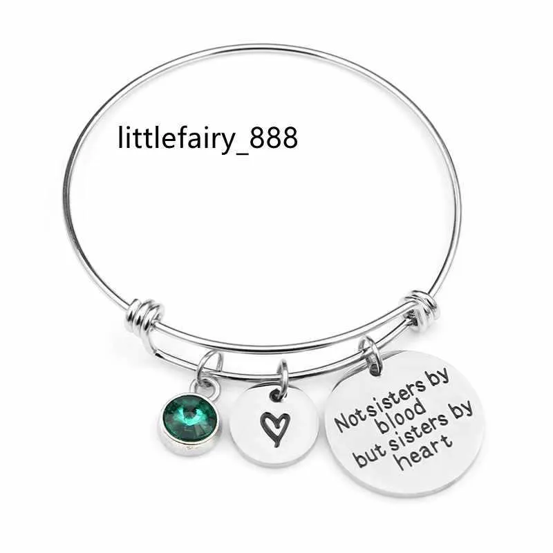 Inte systrar av blod utan systrar av hjärta Birthstone Bangle Armband Rostfritt stål Charmarmband för kvinnor Friendship Gift