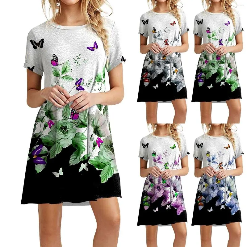 Casual Kleider Sommer Strand Für Frauen Rundhals Gedruckt Muster Kurzarm Blumen Druck Kleid Kleidung Vestidos