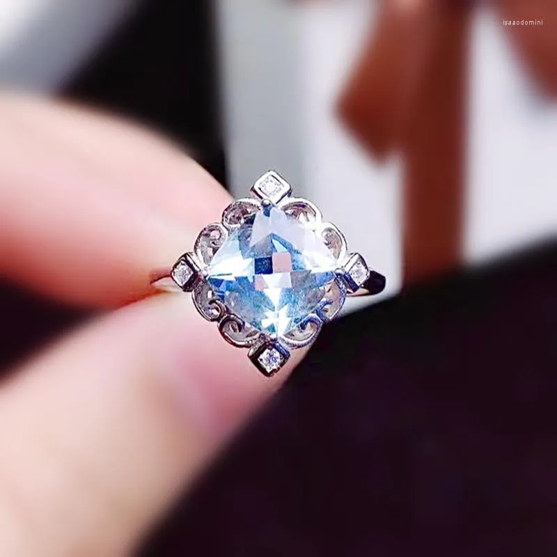 Pierścienie klastra Naturalne prawdziwe niebo Blue Topaz Square Pierścień 925 SREBROŚCI 8 8 mm 3,4ct kamień szlachetny Kobiety Kobiety x223292