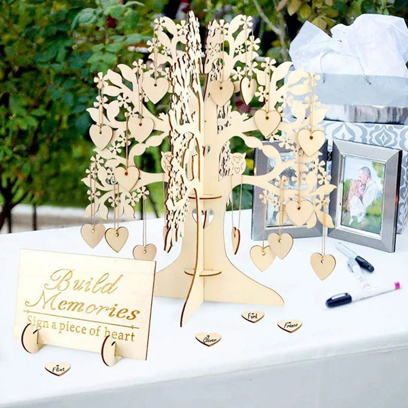 Autres fournitures de fête d'événement Fête de mariage signature carte signature ing arbre Livre d'or Arbre en bois amour coeurs pendentif goutte ornements décoration de fête 230626