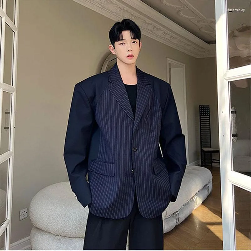 Men s Suits Men s Men Oversize Padded Shoulder Blue Stripe Splice Loose Casual Streetwear Fashion Suit Blazers Jackets Man Blazer Coat