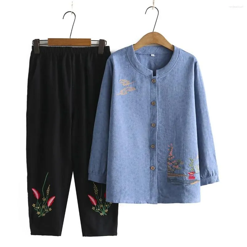 Pantaloni a due pezzi da donna Primavera Estate Set da nonna anziana Camicetta di cotone sciolto con pezzi Camicie cardigan madre di mezza età Abito 5XL