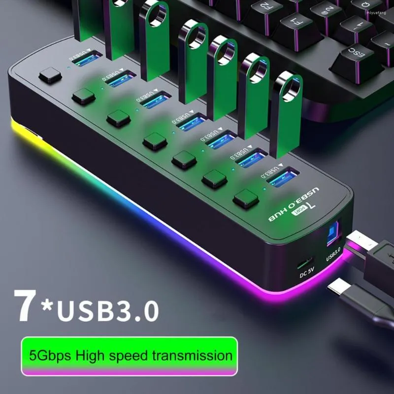 شريط إضاءة HUB 7 منافذ للكمبيوتر 3.0 USB فاصل عالي السرعة 7 في 1 محطة إرساء لأجهزة الكمبيوتر المحمول والكمبيوتر المحمول