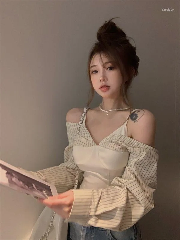 Women's Blouses Striped Suspender For Summer Shoulder Short Slim Fitting Long Sleeved Vintage Clothes Top Women Shirts &