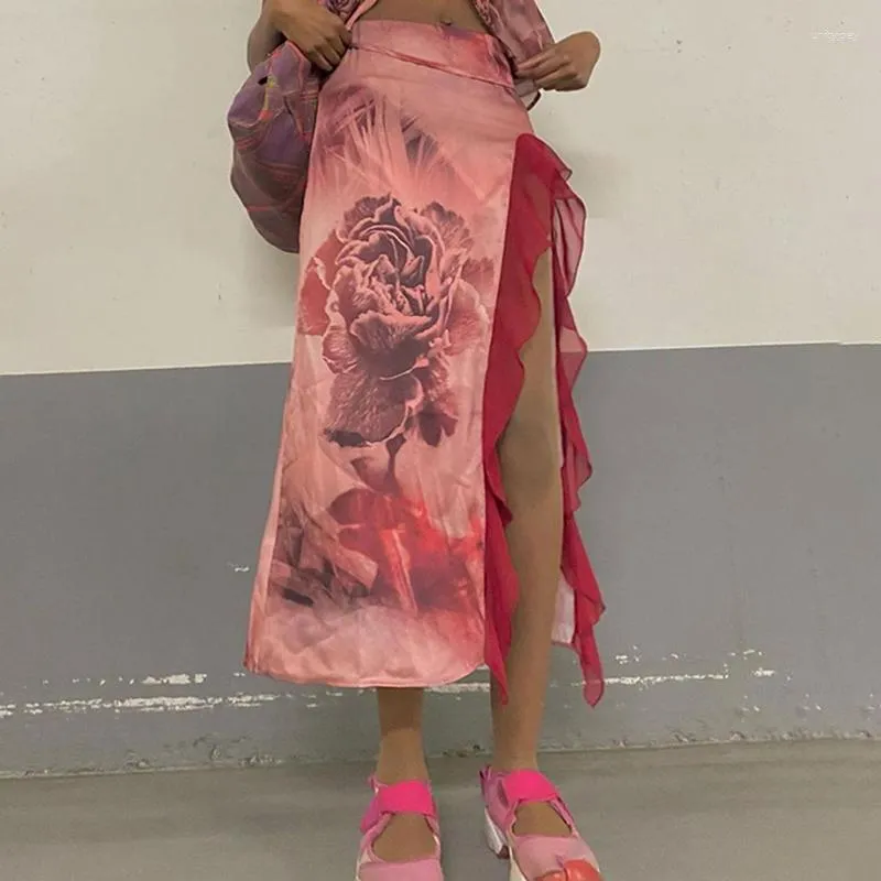 Юбки Y2K Эстетическая фея с цветочным принтом Миди 90-х годов Винтаж с высокой талией Разделение оборками Длинная женская пляжная праздничная уличная одежда