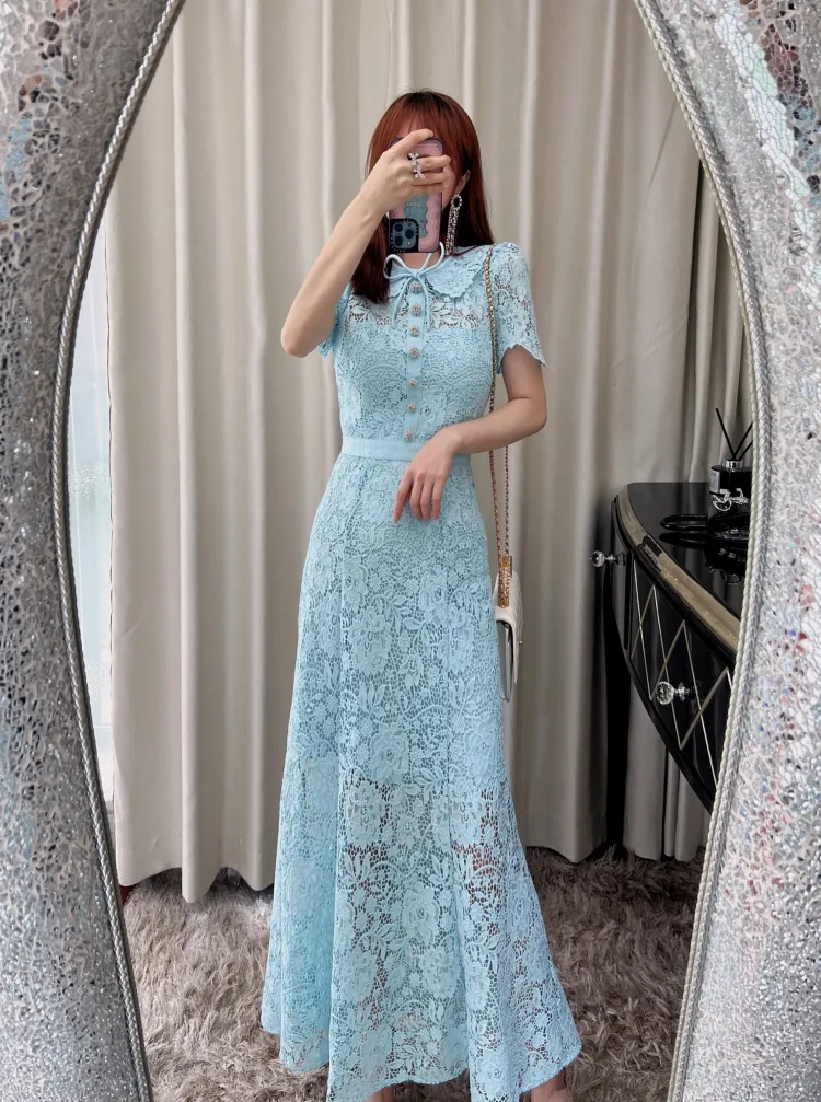 Auth S-elf Portrait Mist Blue Doll Neck Bow Lace Waist Sweetheart Dress Premium Heavy Duty Long Dress